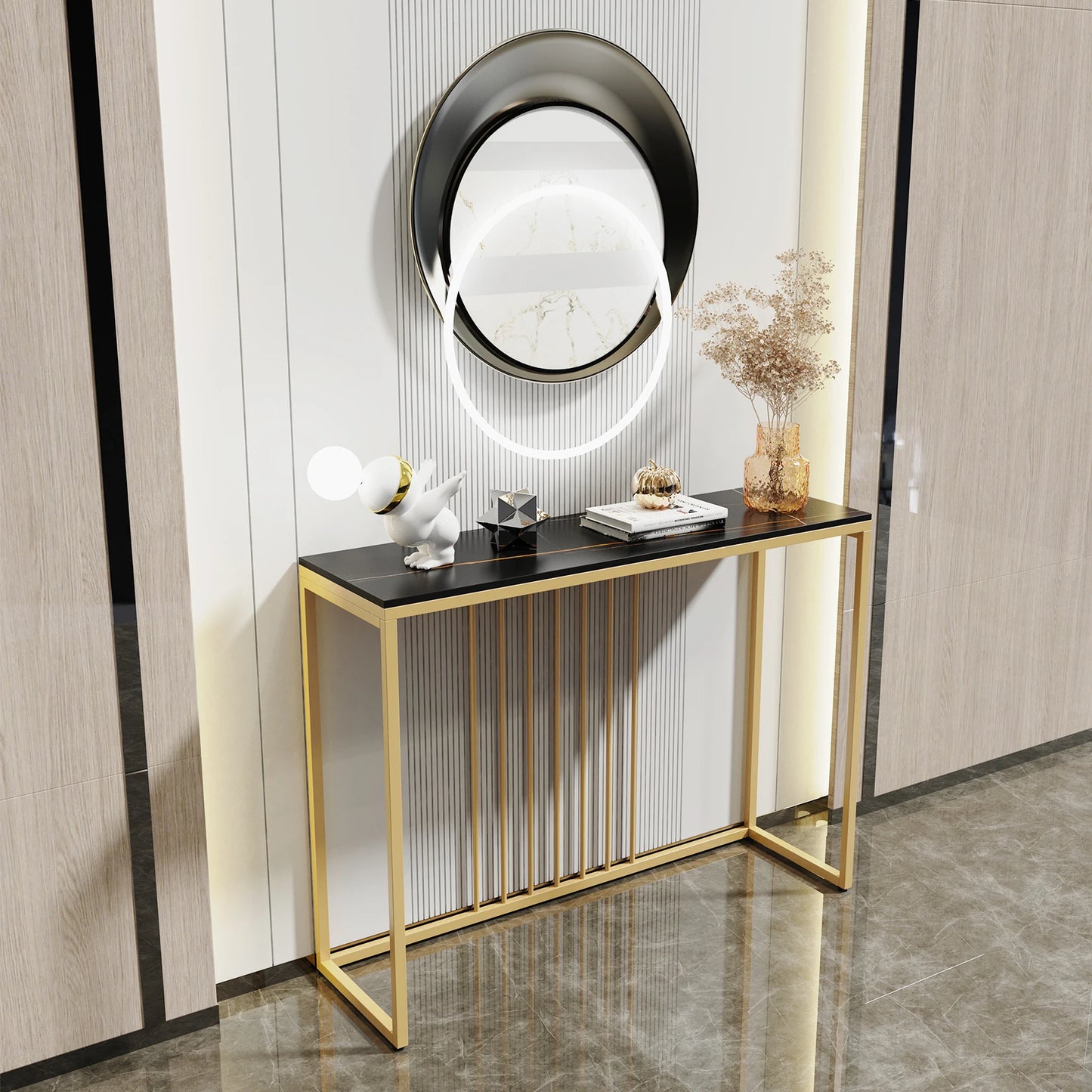 BINGOPAW Modern Marble Console Table With Gold Metal Frame Storage