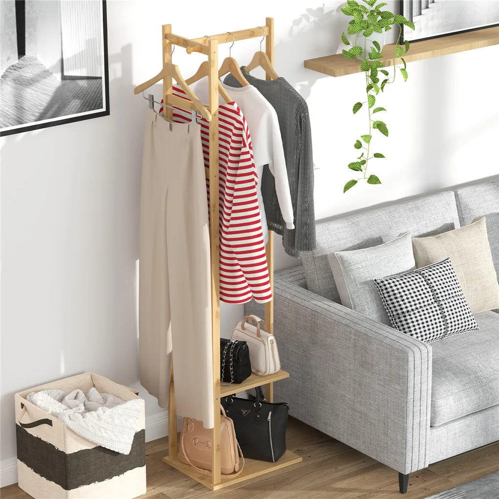 BINGOPAW Bamboo Garment Rack With 2 Tier Storage Shelves