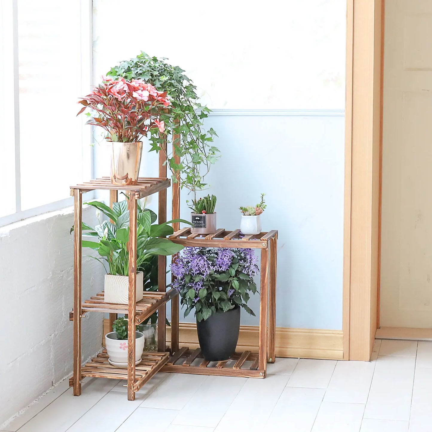 BINGOPAW 6 Tier Plant Corner Stand Wood Shelf Indoors Outdoors