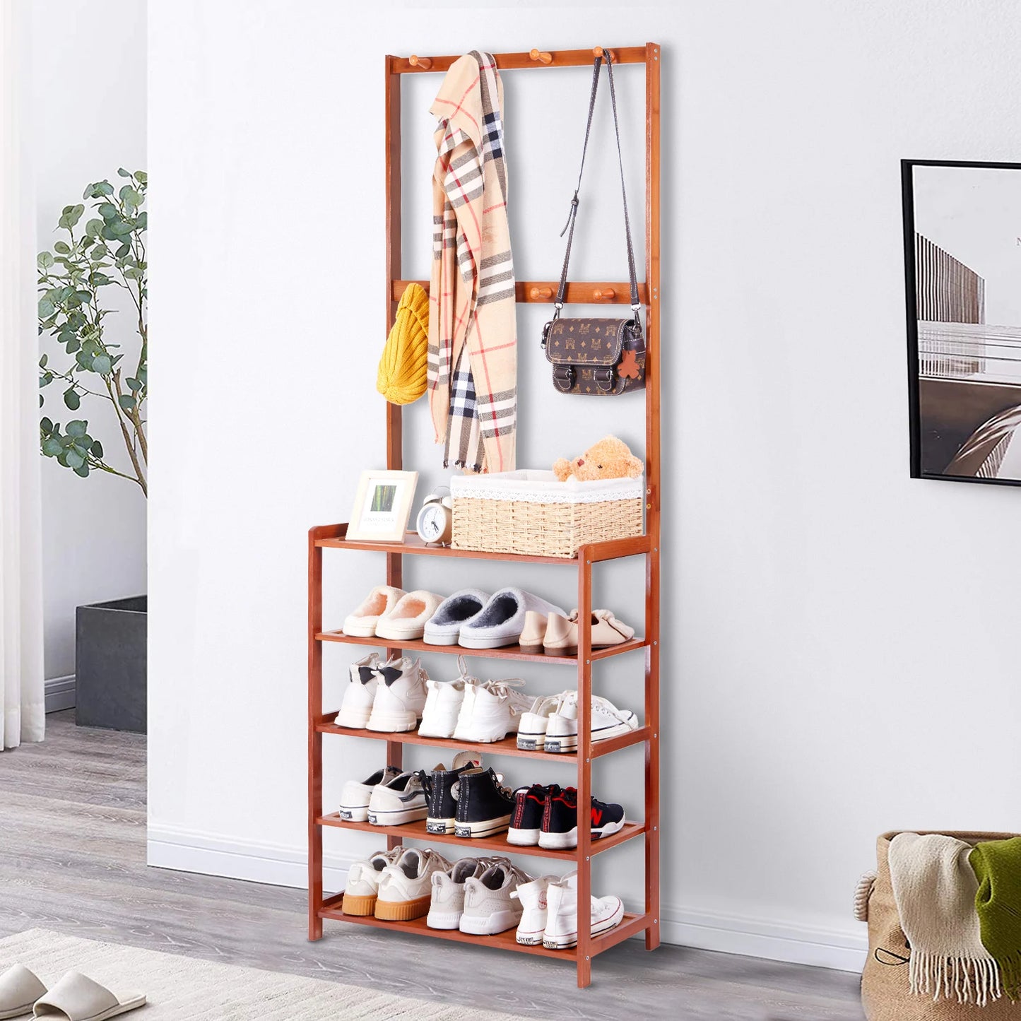 Coat Rack Bench Hall Tree Bamboo 3 In 1 Entryway Organizer