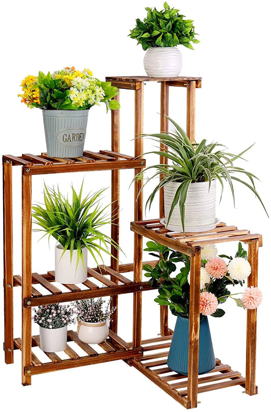 BINGOPAW 6 Tier Plant Corner Stand Wood Shelf Indoors Outdoors