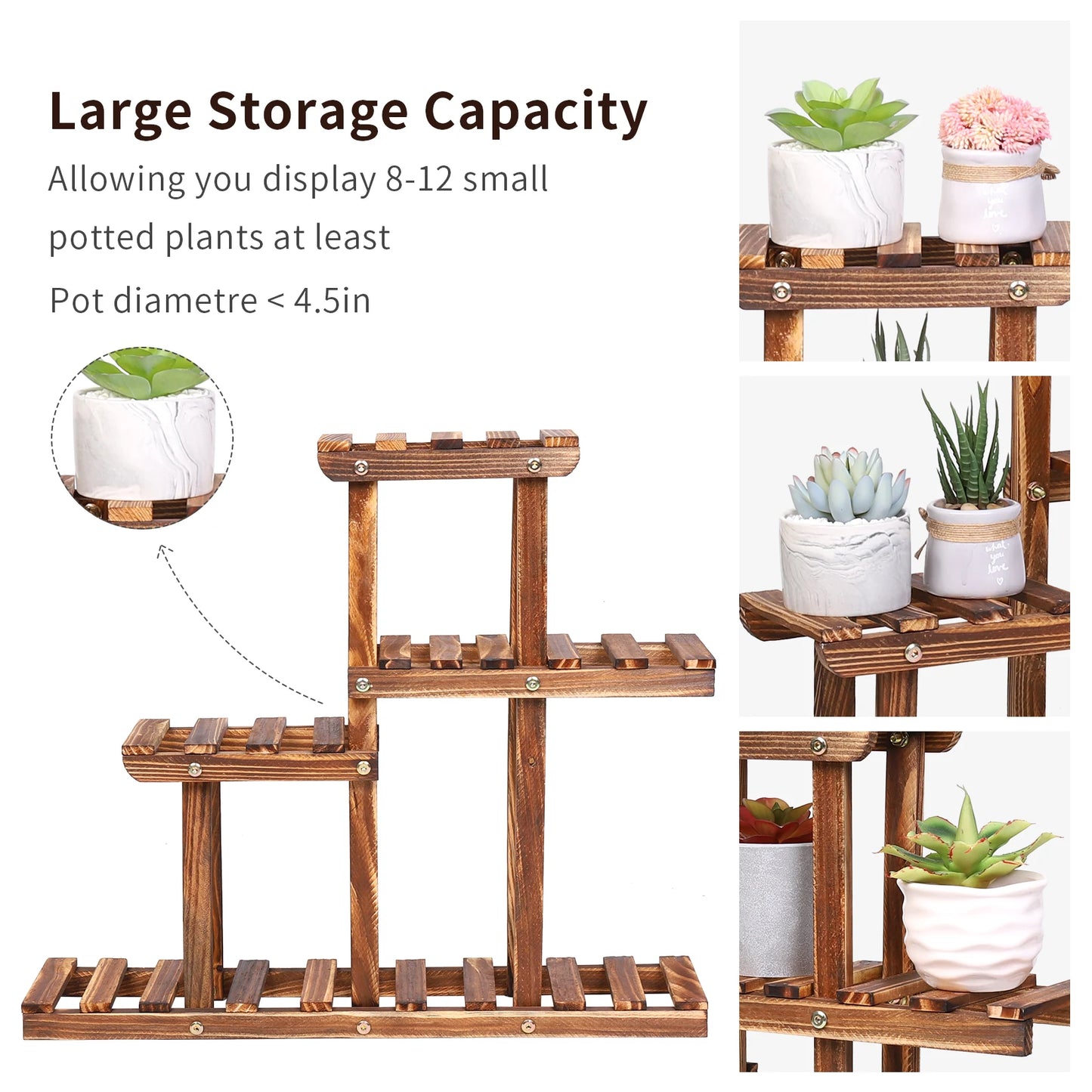 BINGOPAW Carbonized Wood Plant Stand 4-Tier Desktop Rack