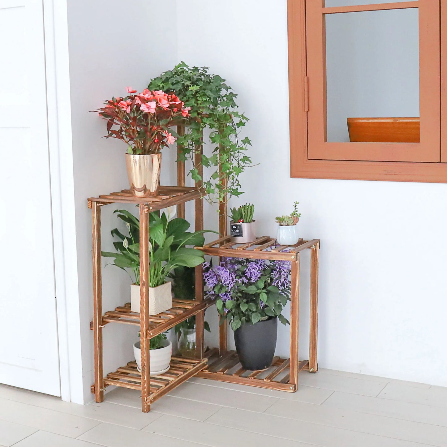 BINGOPAW 6 Tier Plant Corner Stand Wood Shelf Indoors Outdoors