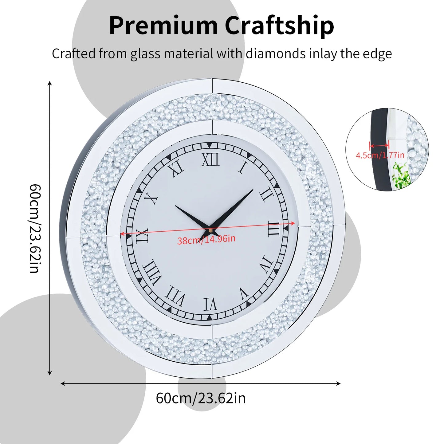 Round 24 Inch Silver Tawny Mirror Clock For Living Room