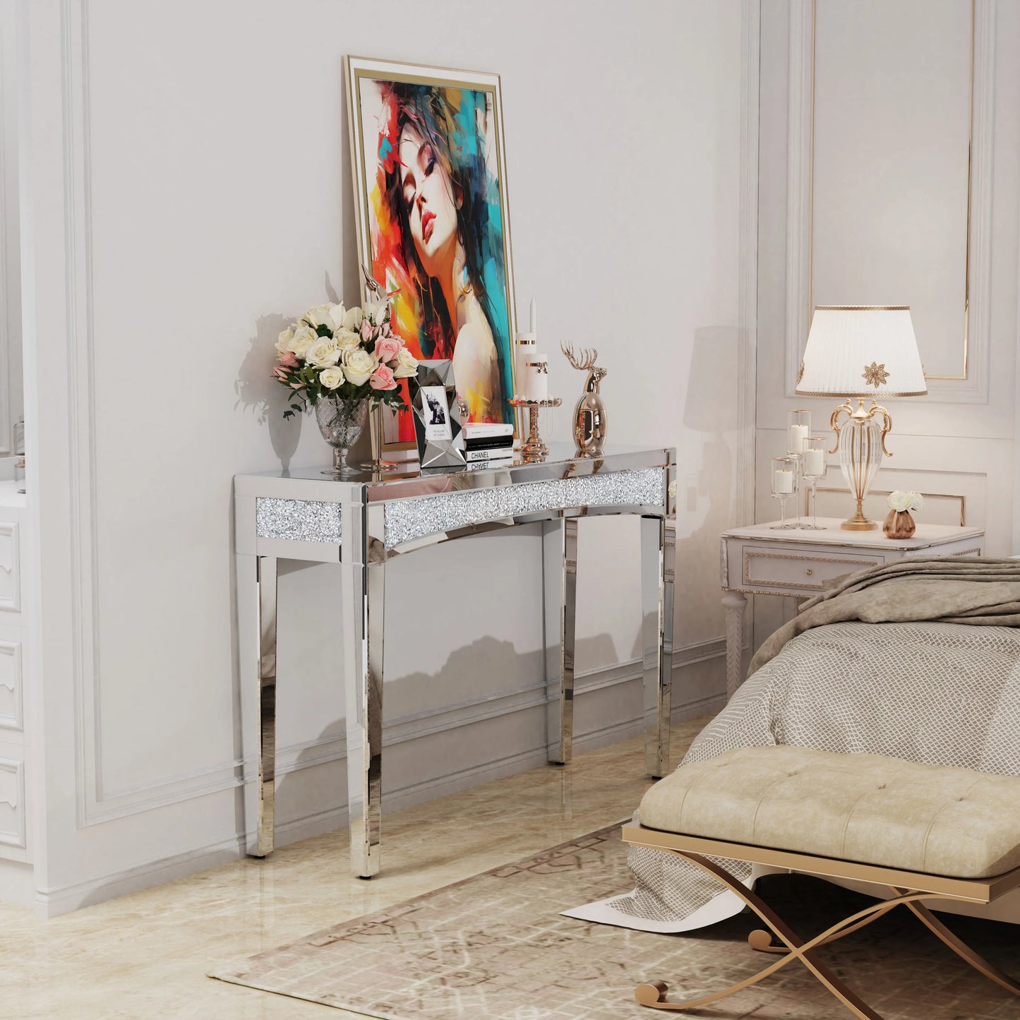 Mirrored Desk Console Table With Crystal Inlay For Living Room And Entryway