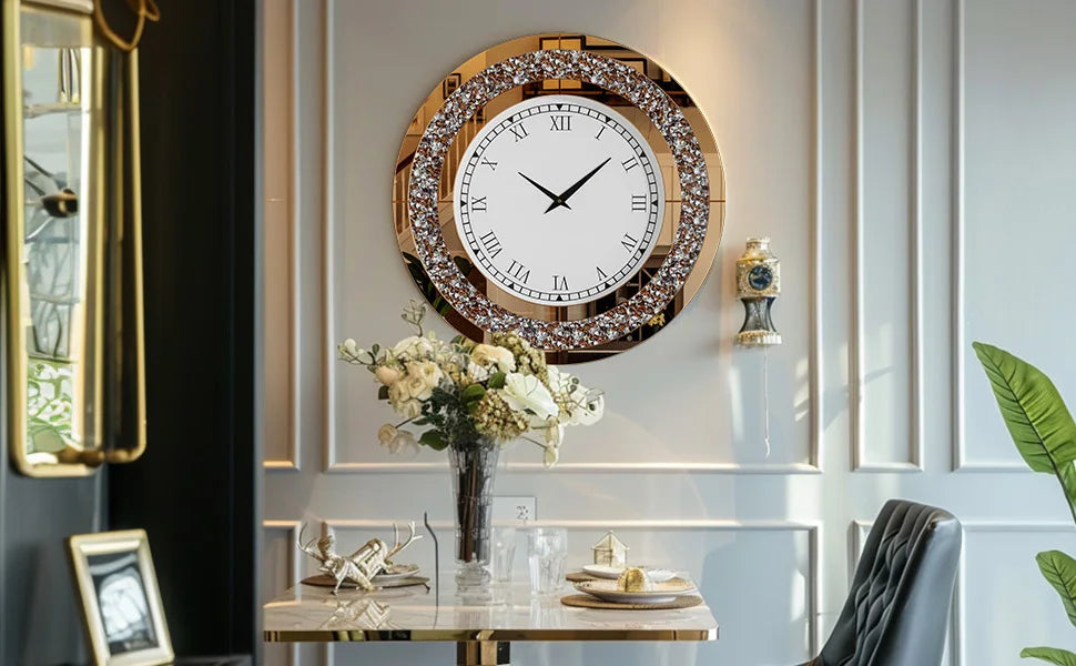Round 24 Inch Silver Tawny Mirror Clock For Living Room