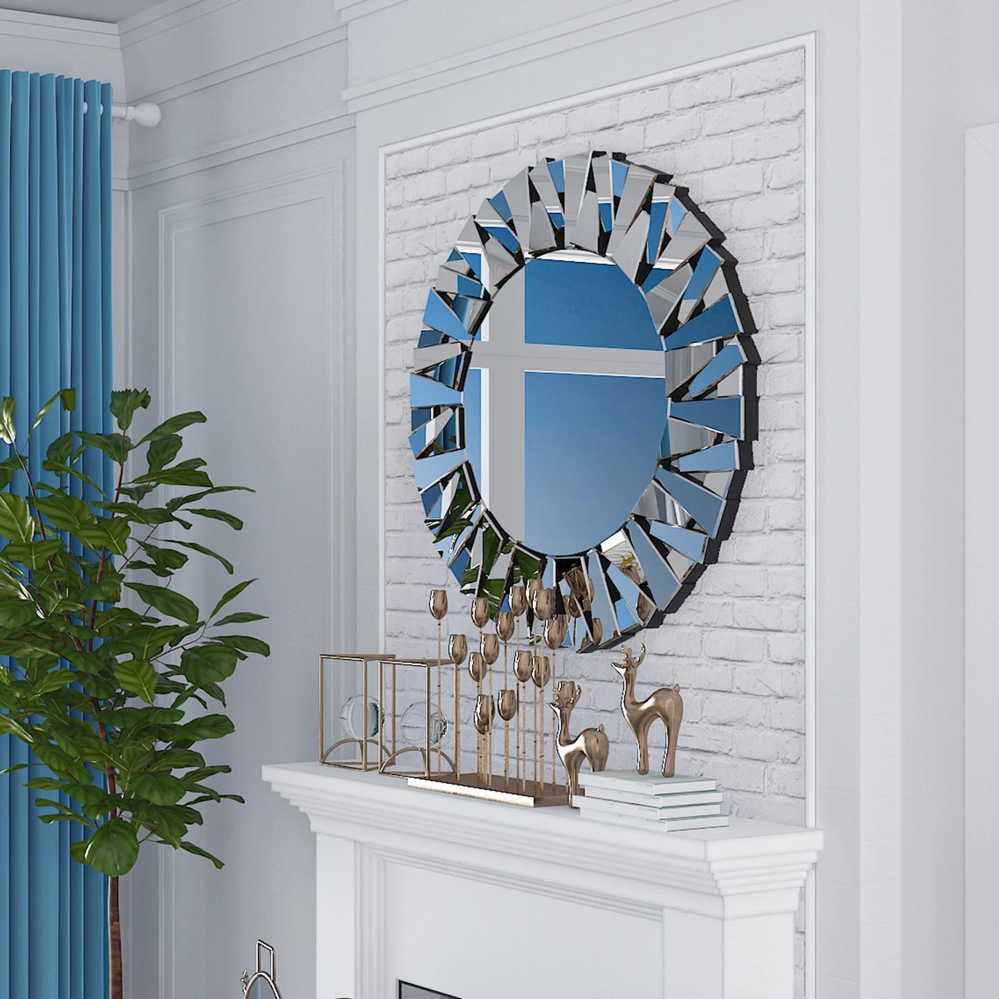 Sunburst Round Wall Mirror, Silver Glass Beveled Frame Decor