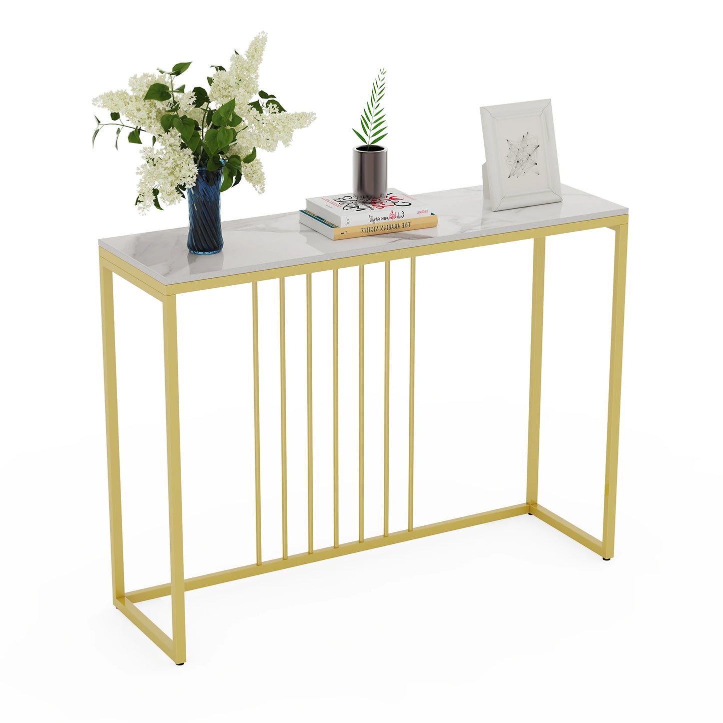BINGOPAW Modern Marble Console Table With Gold Metal Frame Storage
