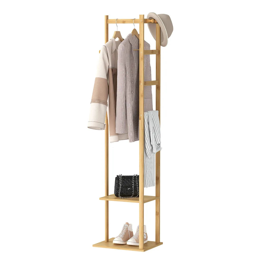 BINGOPAW Bamboo Garment Rack With 2 Tier Storage Shelves