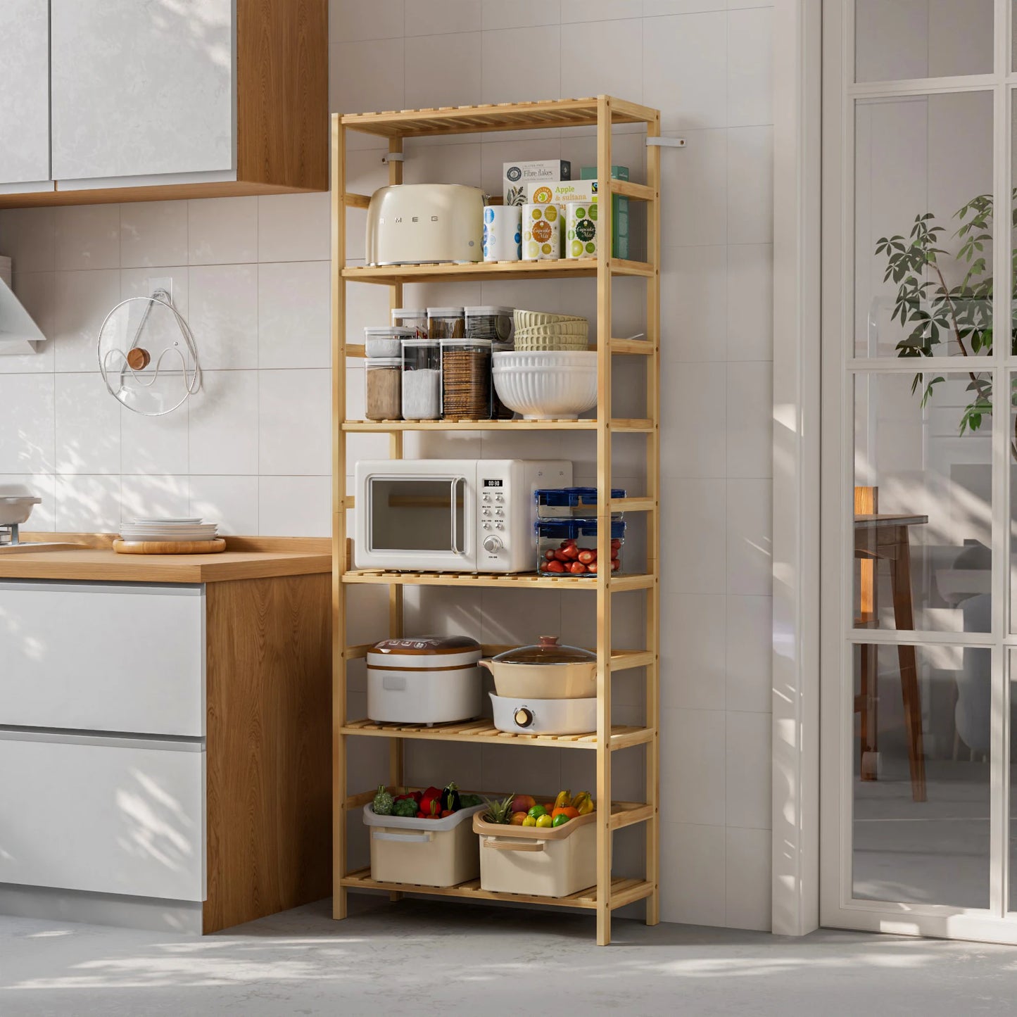 Bamboo Six Tier Bookshelf And Flower Rack With Adjustable Shelves