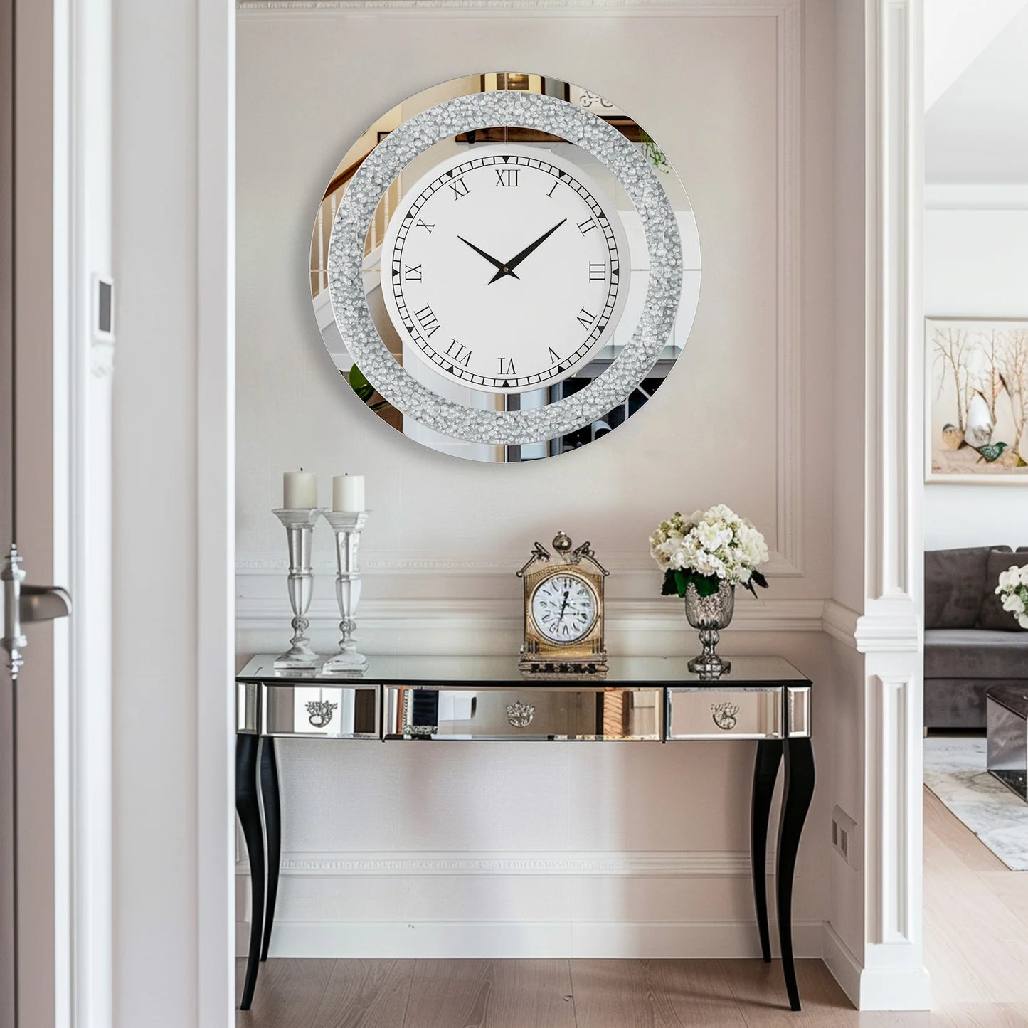 Round 24 Inch Silver Tawny Mirror Clock For Living Room