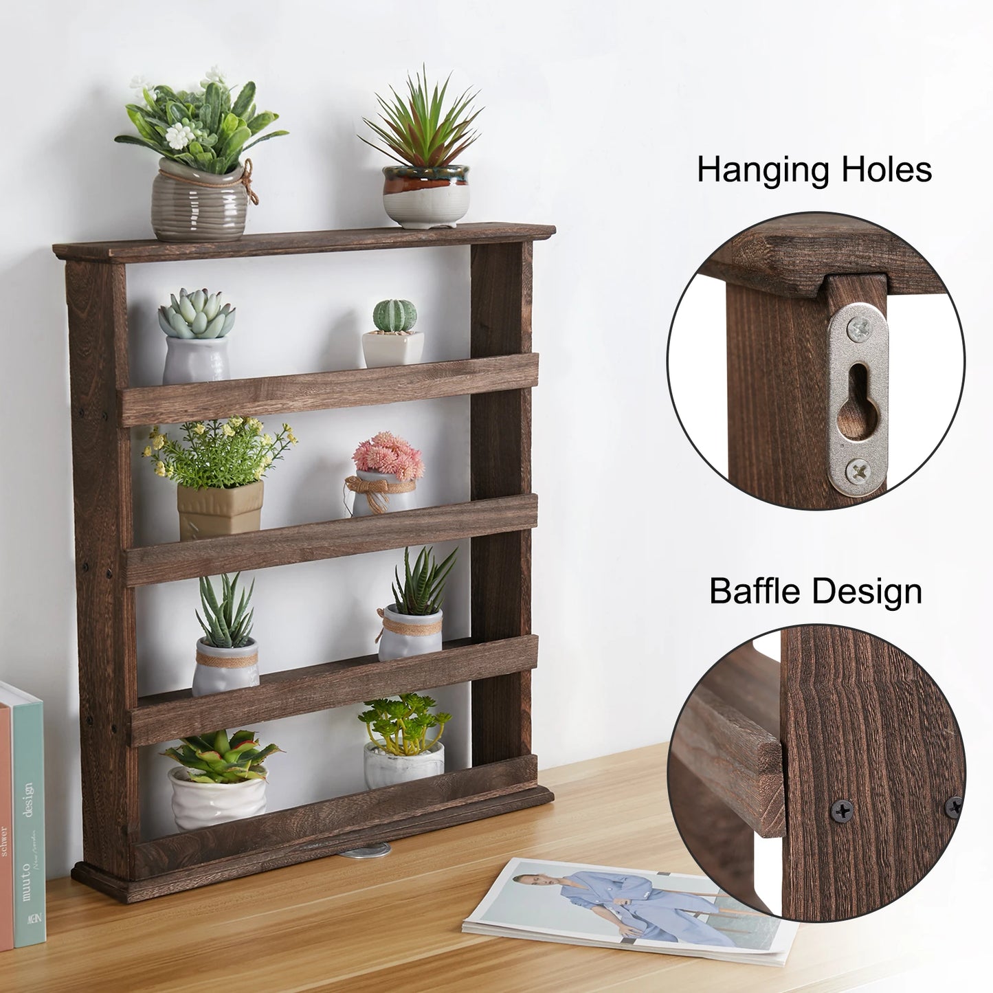 Wood Spice Rack Wall Mount 4-Tier Organizer For Seasonings