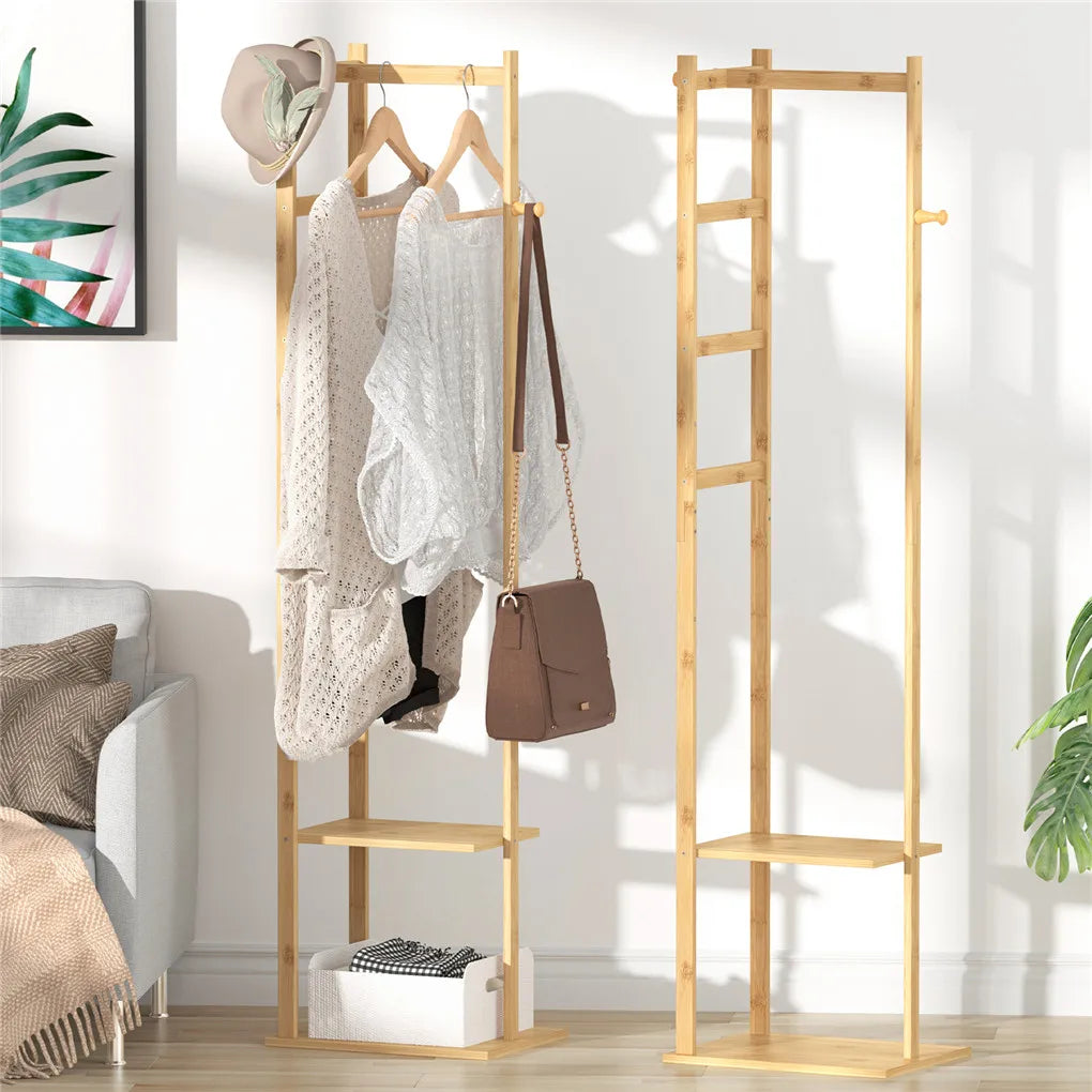 BINGOPAW Bamboo Garment Rack With 2 Tier Storage Shelves