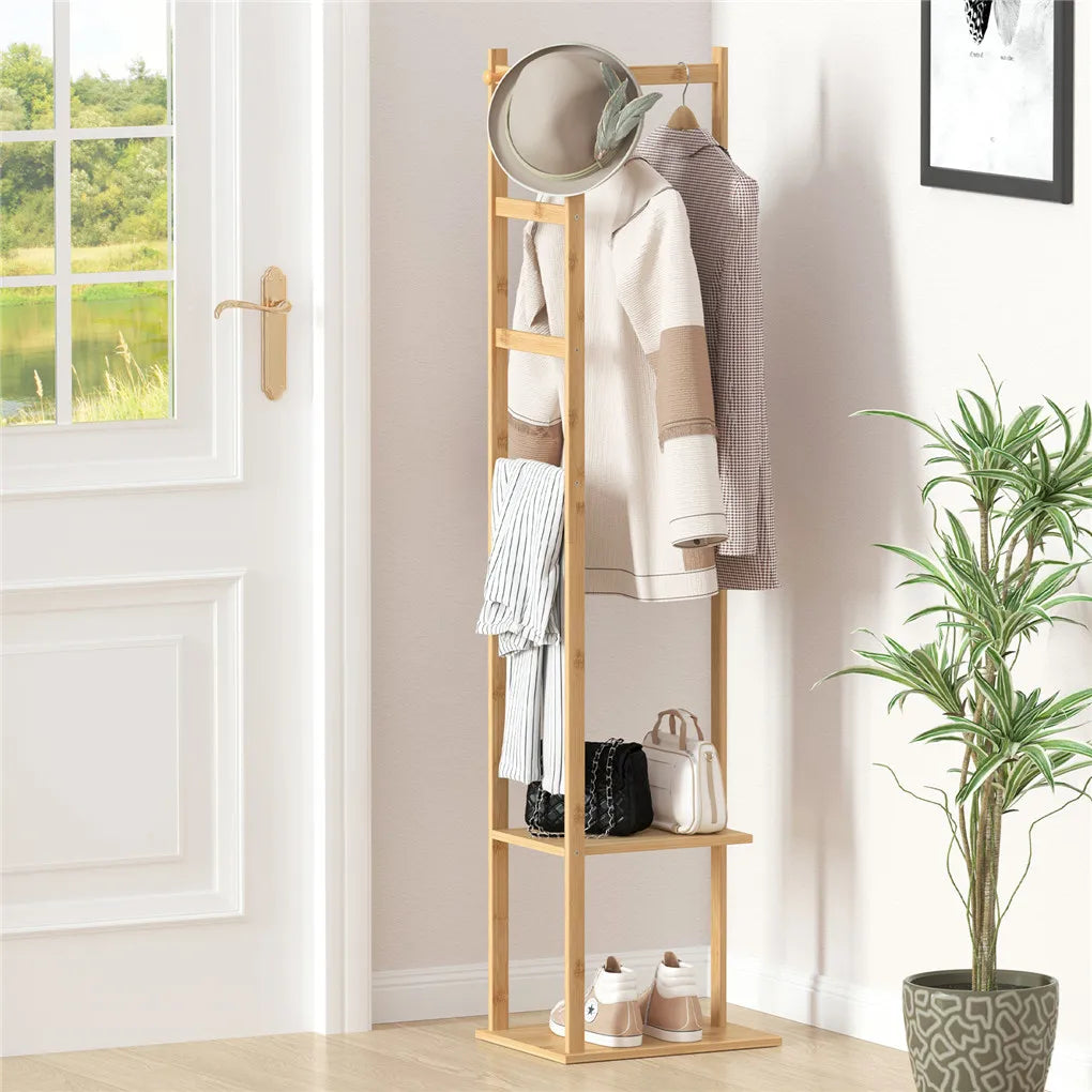 BINGOPAW Bamboo Garment Rack With 2 Tier Storage Shelves
