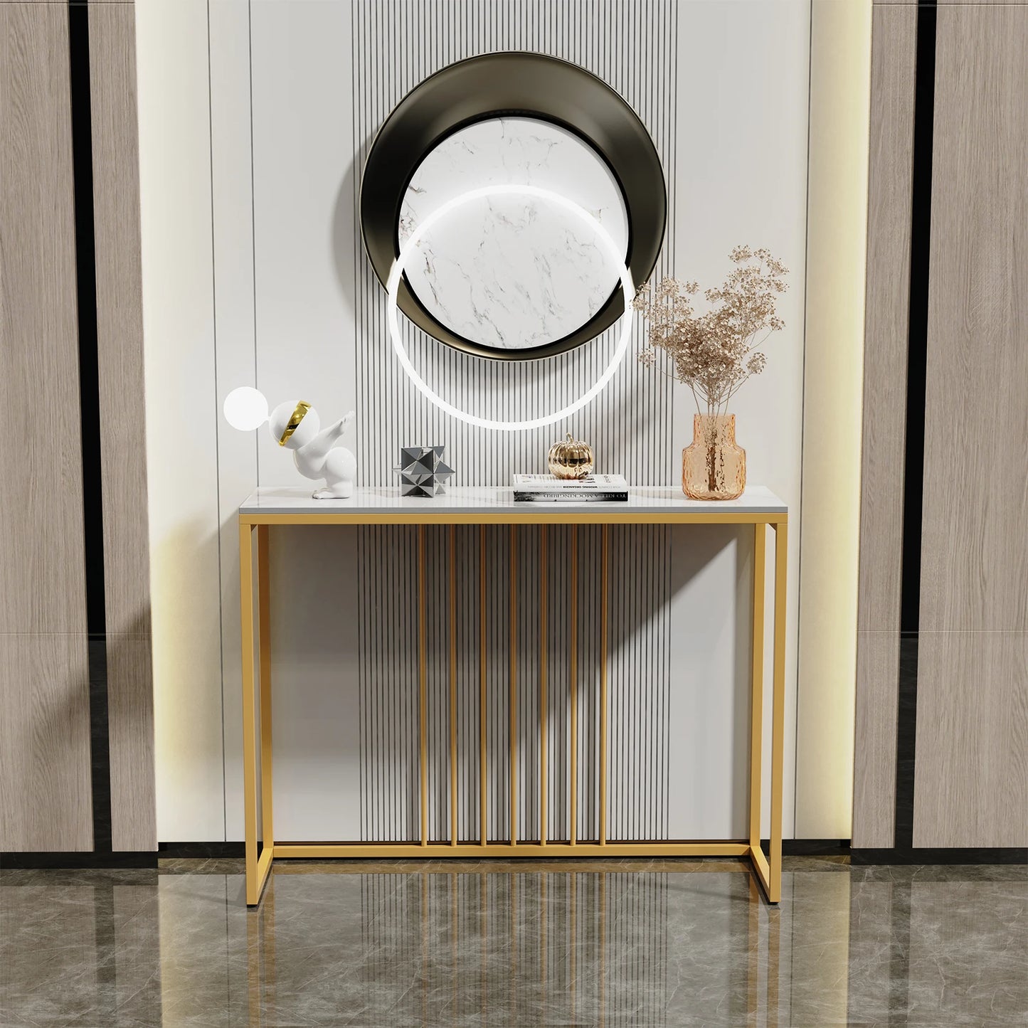 BINGOPAW Modern Marble Console Table With Gold Metal Frame Storage