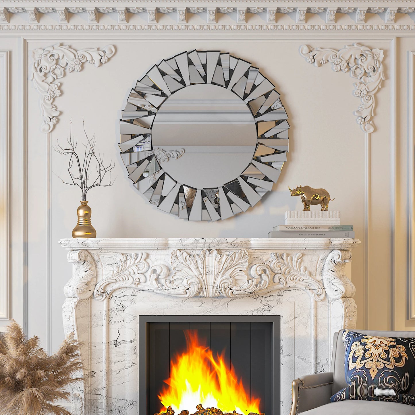 Sunburst Round Wall Mirror, Silver Glass Beveled Frame Decor