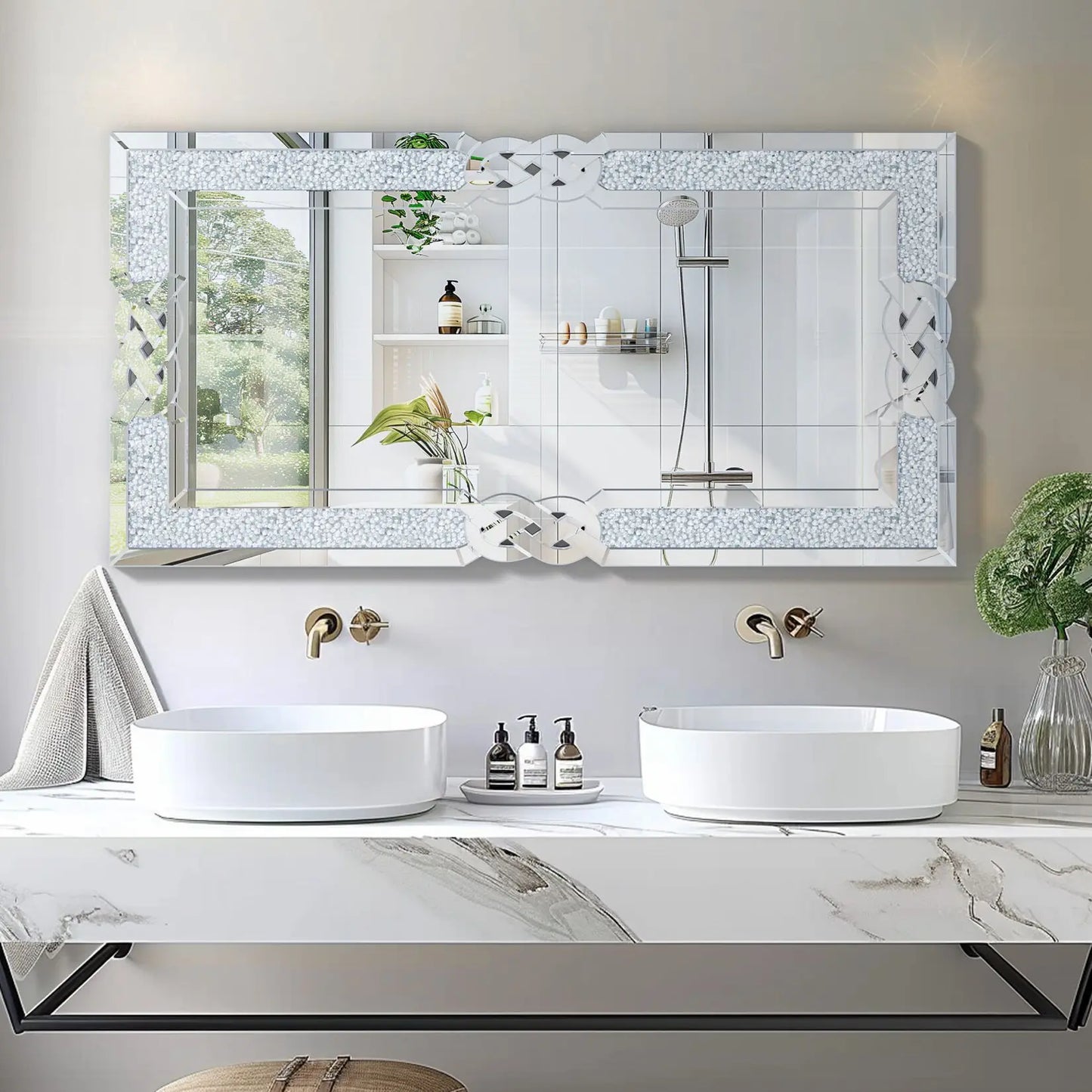 Wisfor Rectangular Crystal Diamond Wall Mirror For Living Room