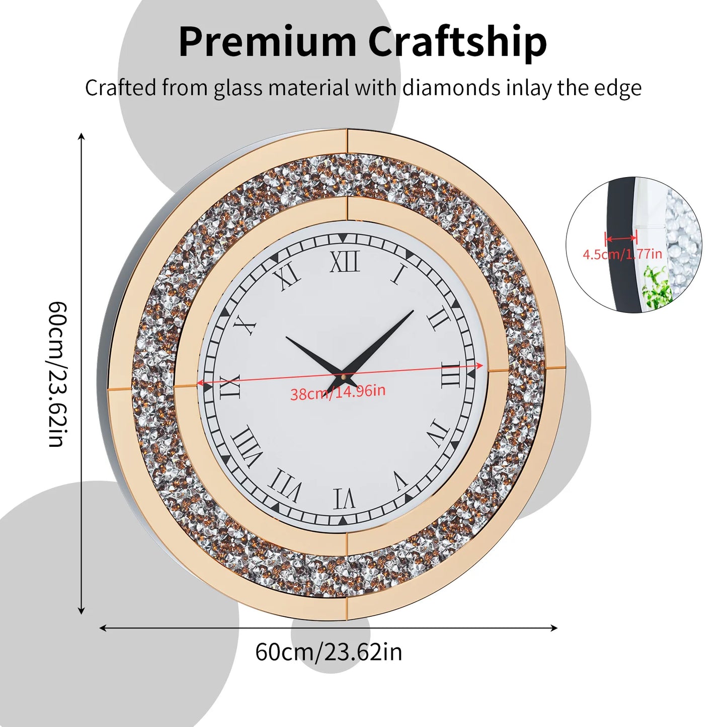 Round 24 Inch Silver Tawny Mirror Clock For Living Room
