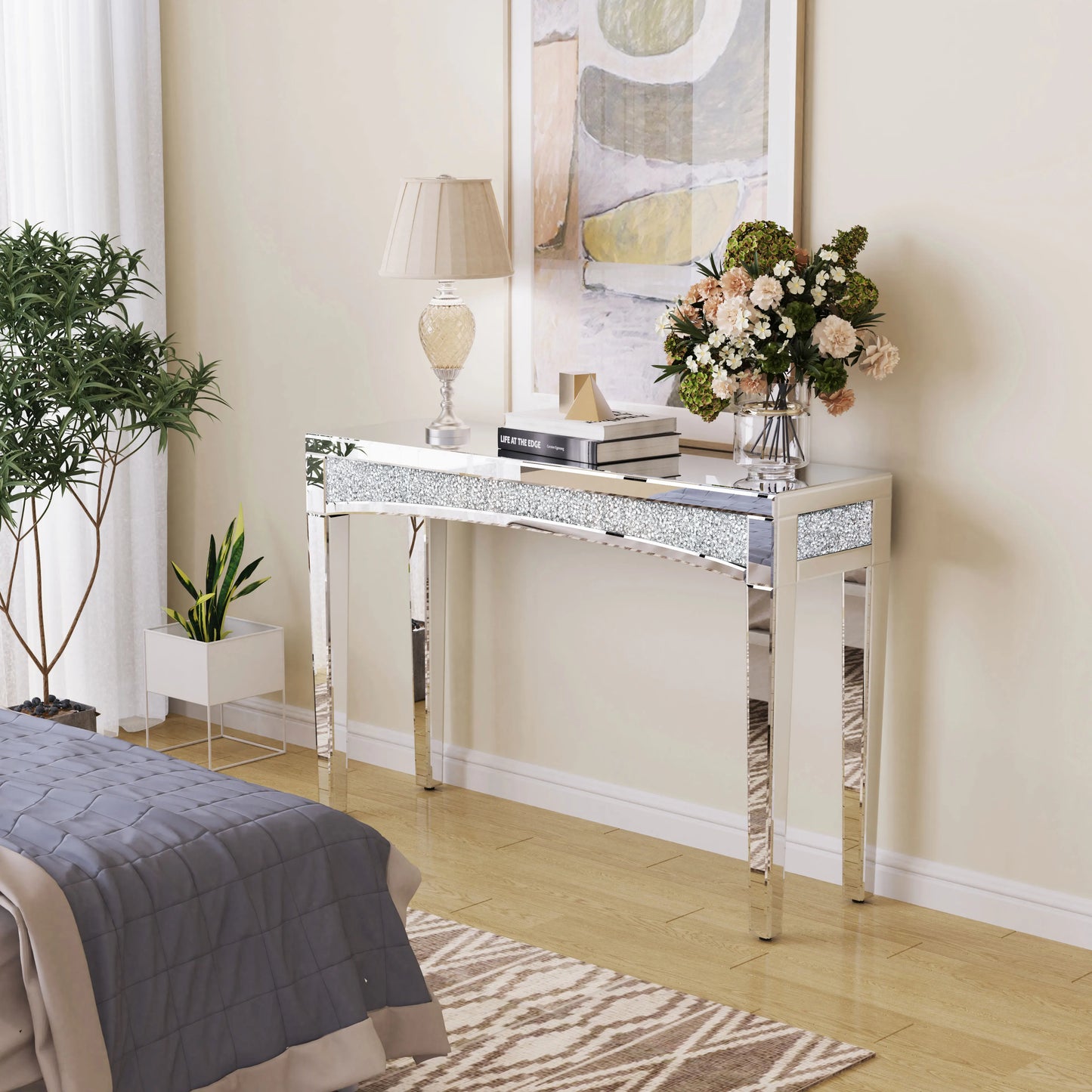 Mirrored Desk Console Table With Crystal Inlay For Living Room And Entryway
