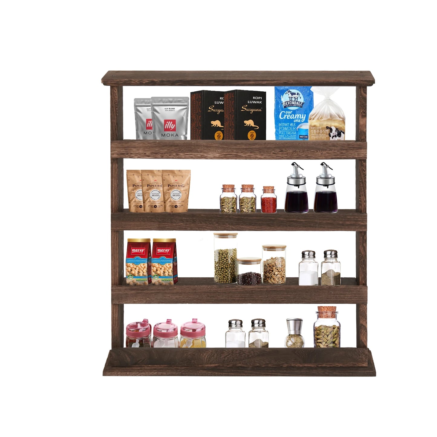 Wood Spice Rack Wall Mount 4-Tier Organizer For Seasonings