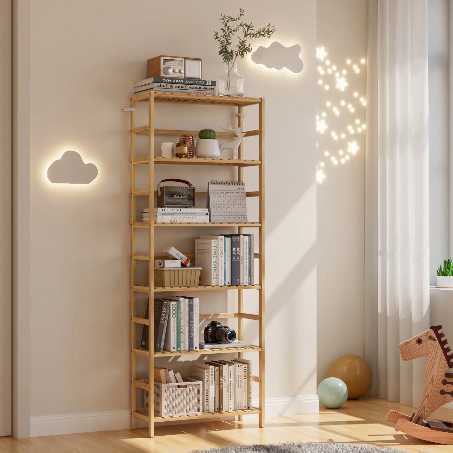 Bamboo Six Tier Bookshelf And Flower Rack With Adjustable Shelves
