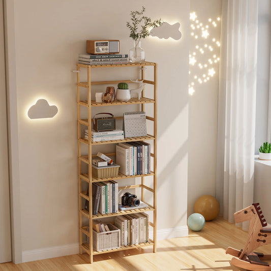 Bamboo Six Tier Bookshelf And Flower Rack With Adjustable Shelves