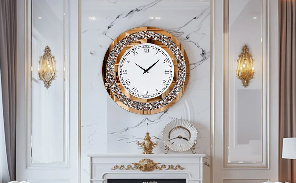 Round 24 Inch Silver Tawny Mirror Clock For Living Room