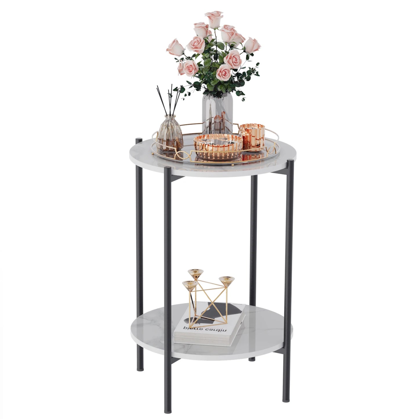 Wisfor End Table Glossy Sintered Stone Table Round Nightstand for Living Room Bedroom Modern Accent Table with Black Metal Frame