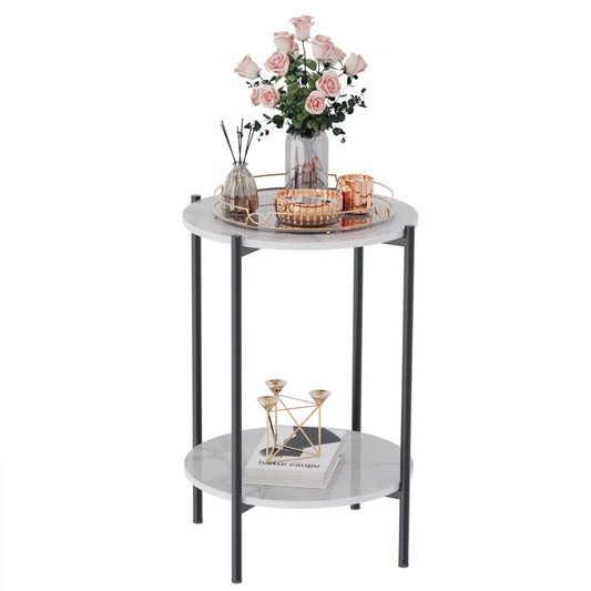 Wisfor End Table Glossy Sintered Stone Table Round Nightstand for Living Room Bedroom Modern Accent Table with Black Metal Frame