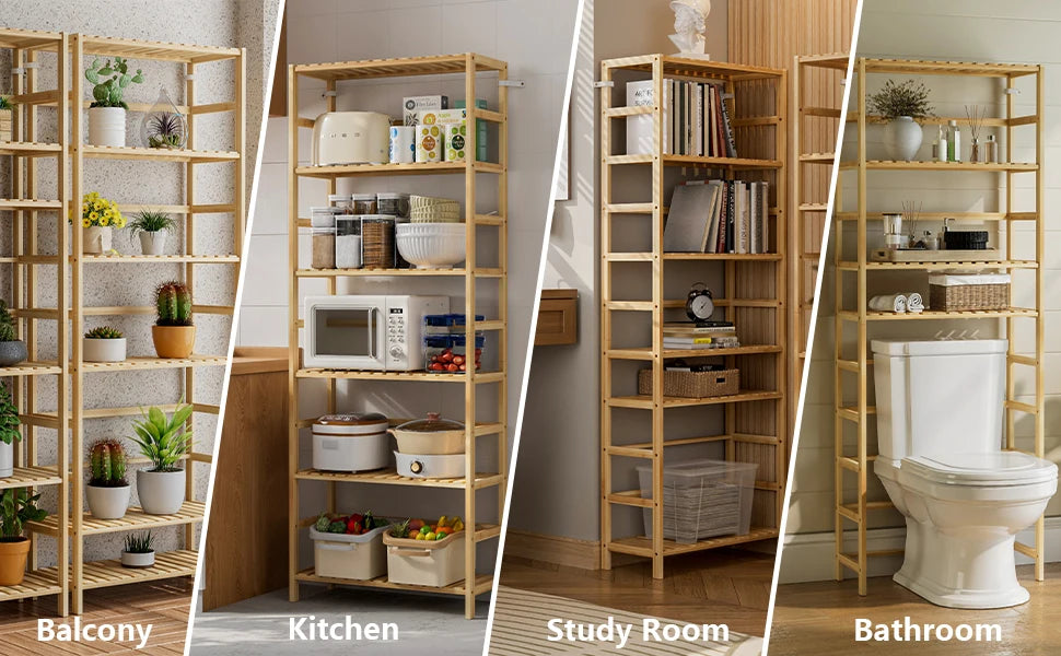 Bamboo Six Tier Bookshelf And Flower Rack With Adjustable Shelves