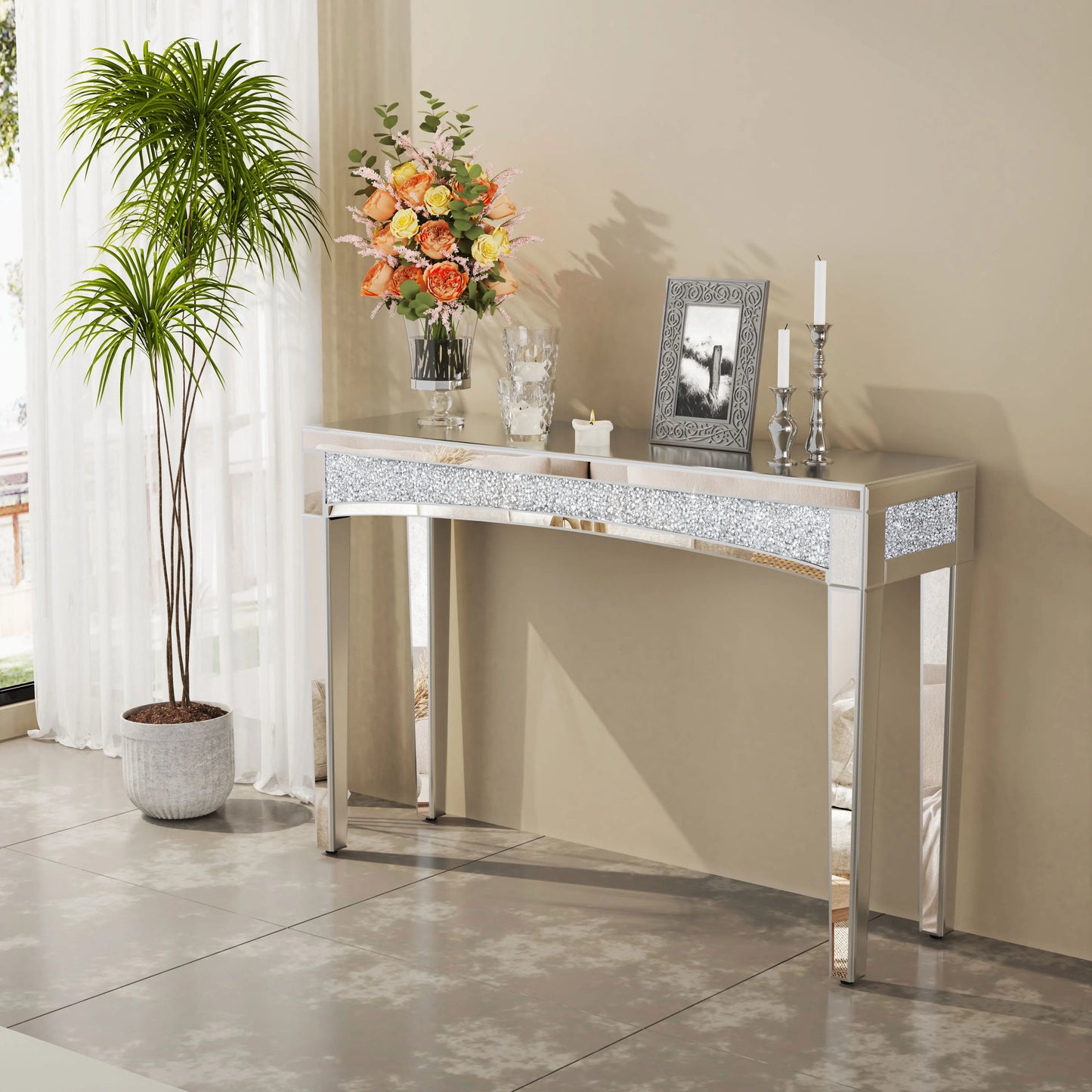 Mirrored Desk Console Table With Crystal Inlay For Living Room And Entryway