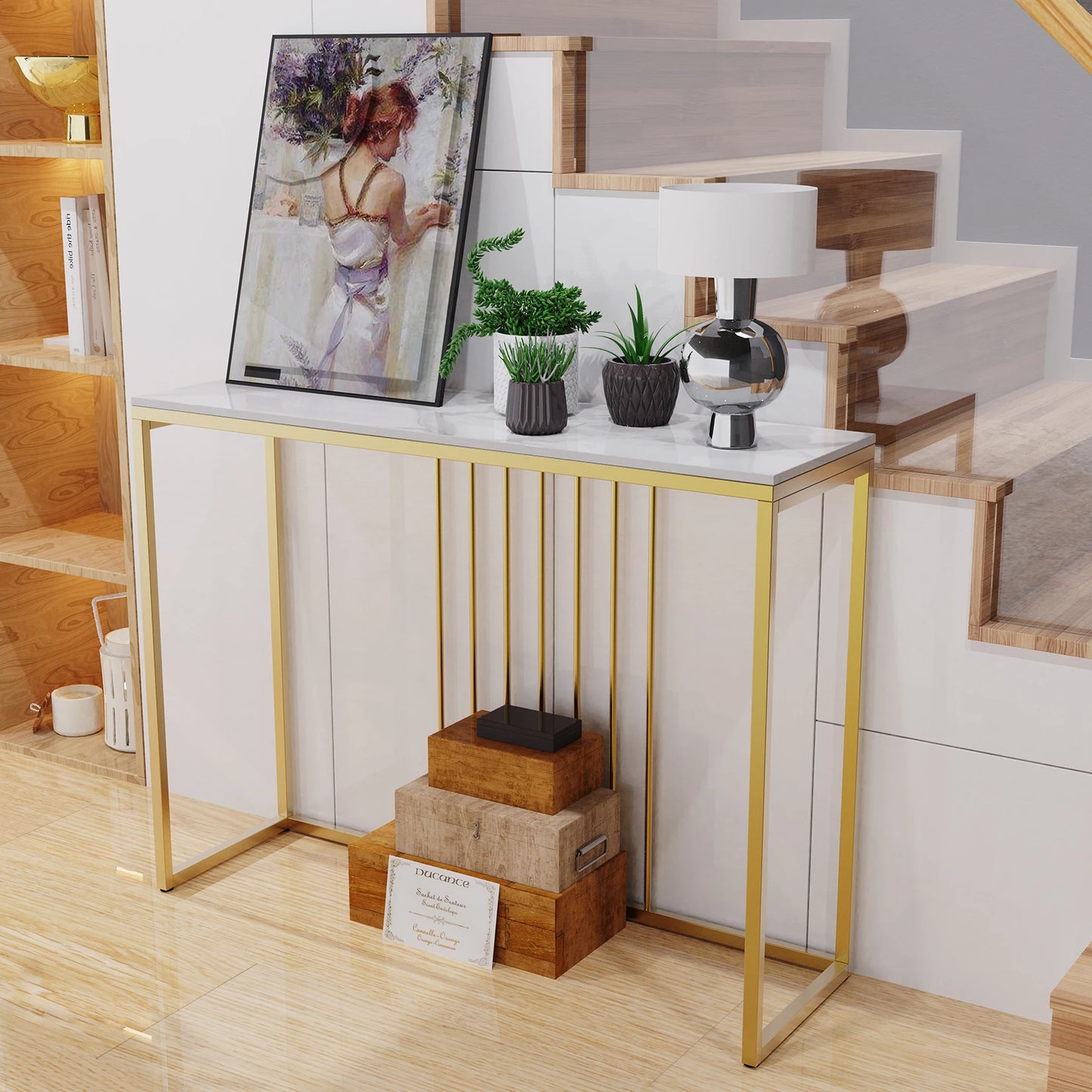 BINGOPAW Modern Marble Console Table With Gold Metal Frame Storage