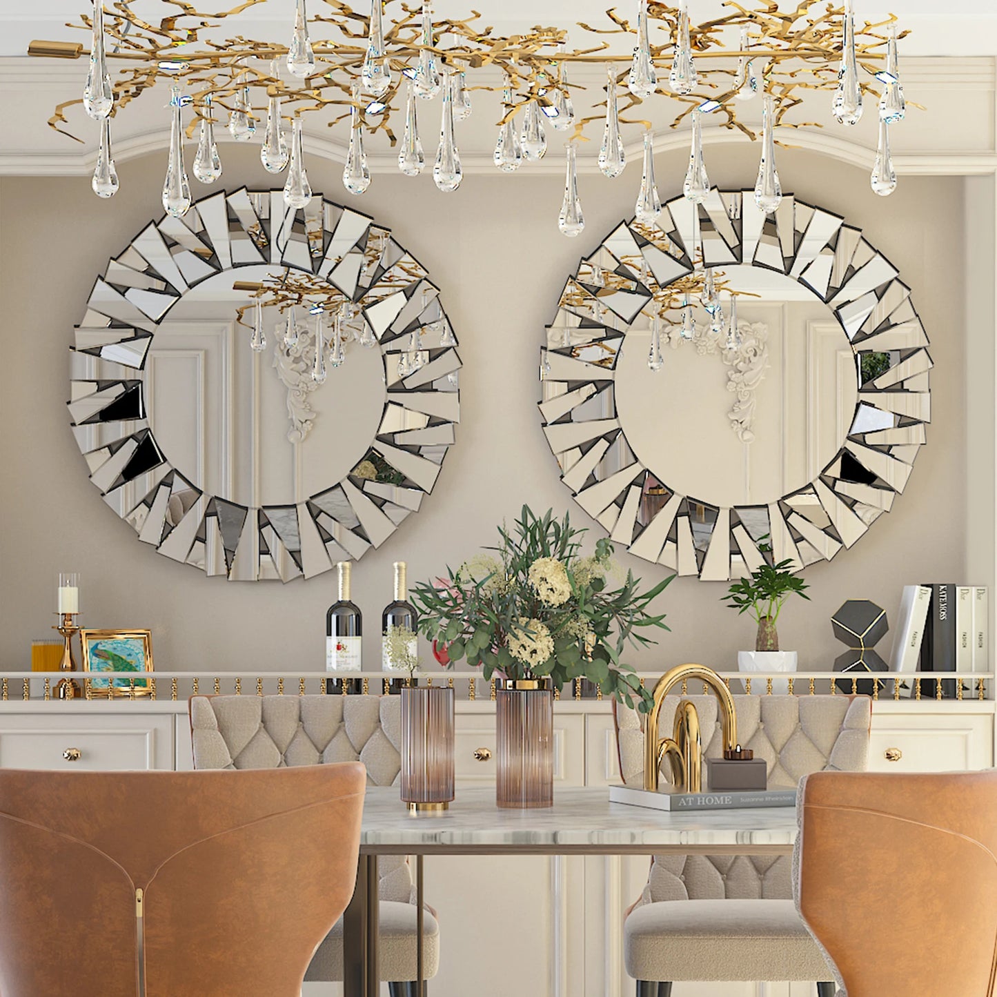 Sunburst Round Wall Mirror, Silver Glass Beveled Frame Decor