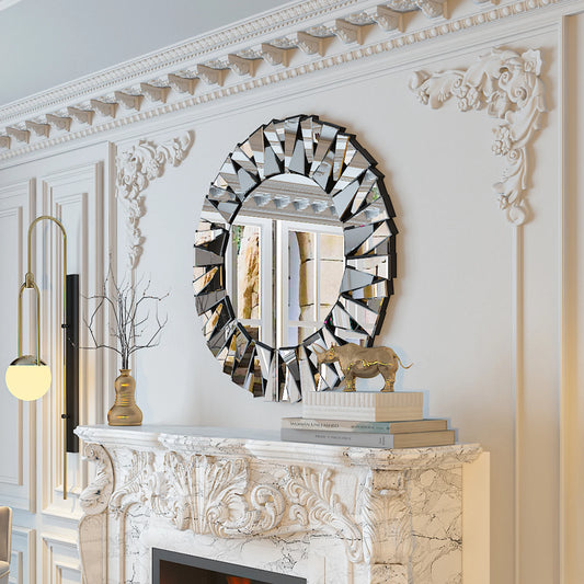 Sunburst Round Wall Mirror, Silver Glass Beveled Frame Decor