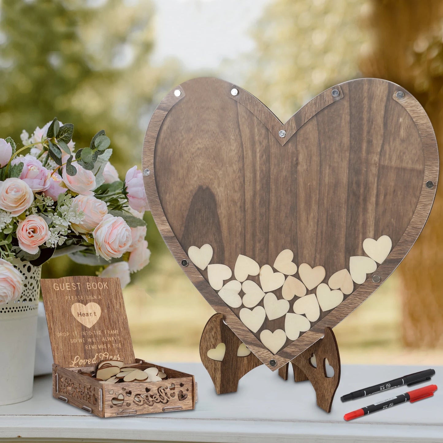Rustic Wedding Guest Book In Carbonized Wood With Heart Bracket