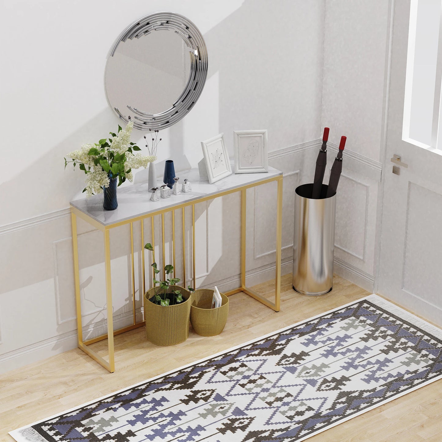 BINGOPAW Modern Marble Console Table With Gold Metal Frame Storage