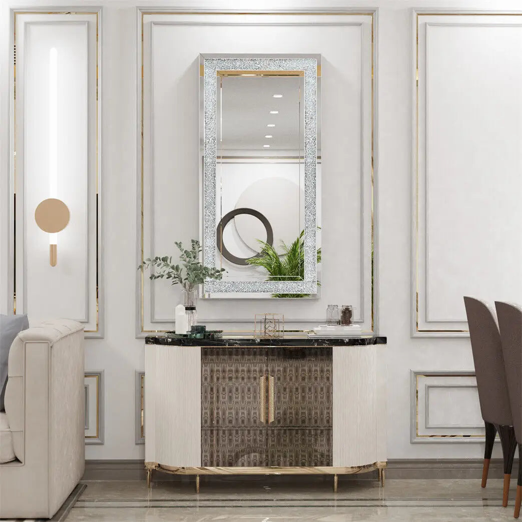 120x60CM Crystal Crush Diamond Wall Mirror Gorgeous RectangleSilver Mirrors for Bathroom, Bedroom, Dining Room and Living Room