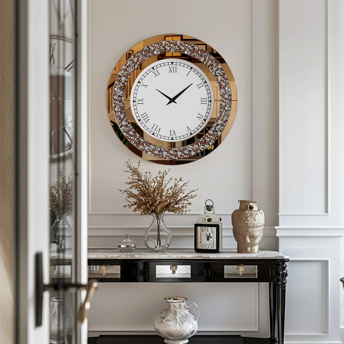 Round 24 Inch Silver Tawny Mirror Clock For Living Room