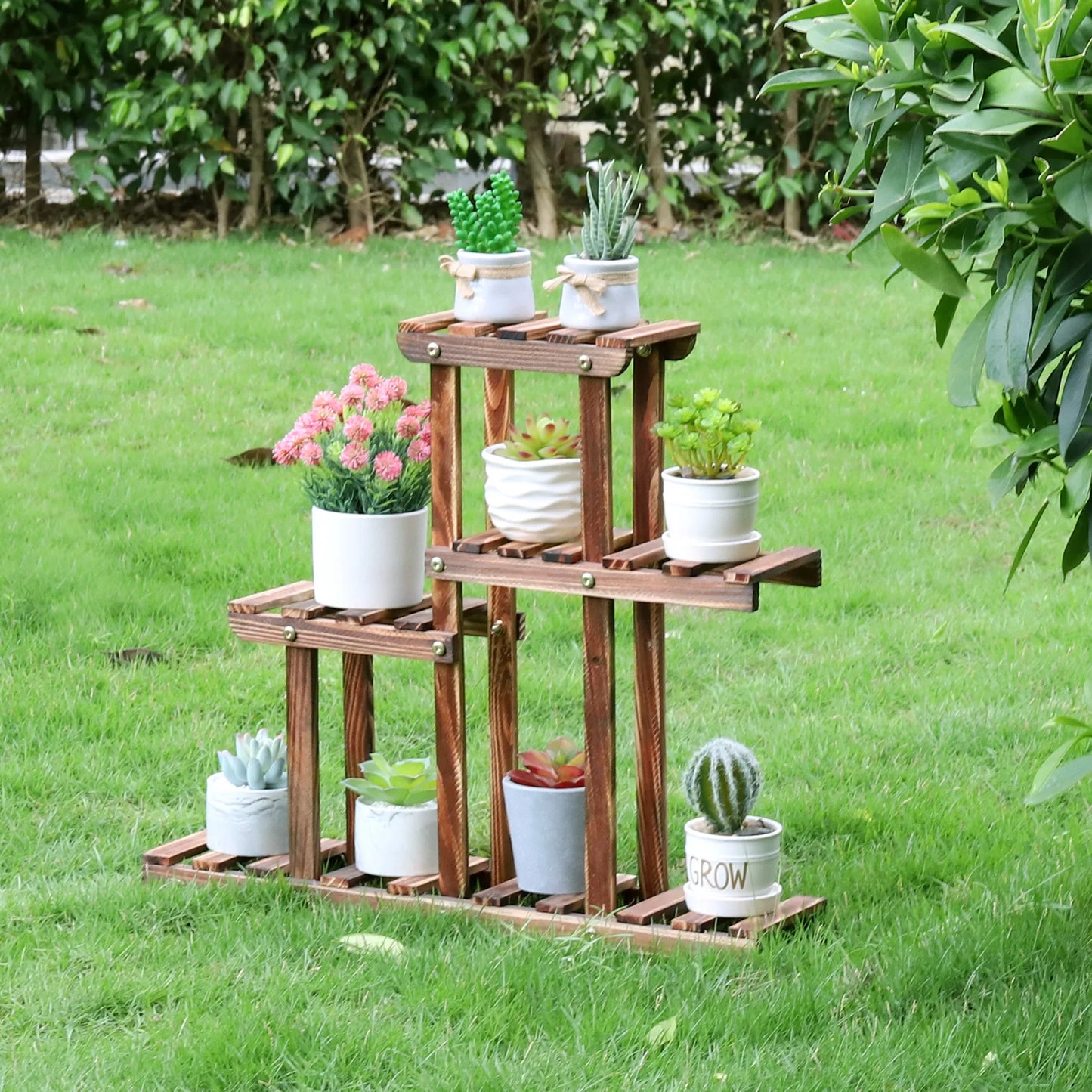 BINGOPAW Carbonized Wood Plant Stand 4-Tier Desktop Rack