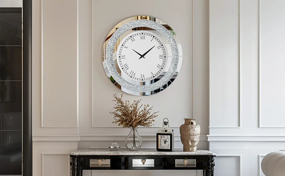 Round 24 Inch Silver Tawny Mirror Clock For Living Room