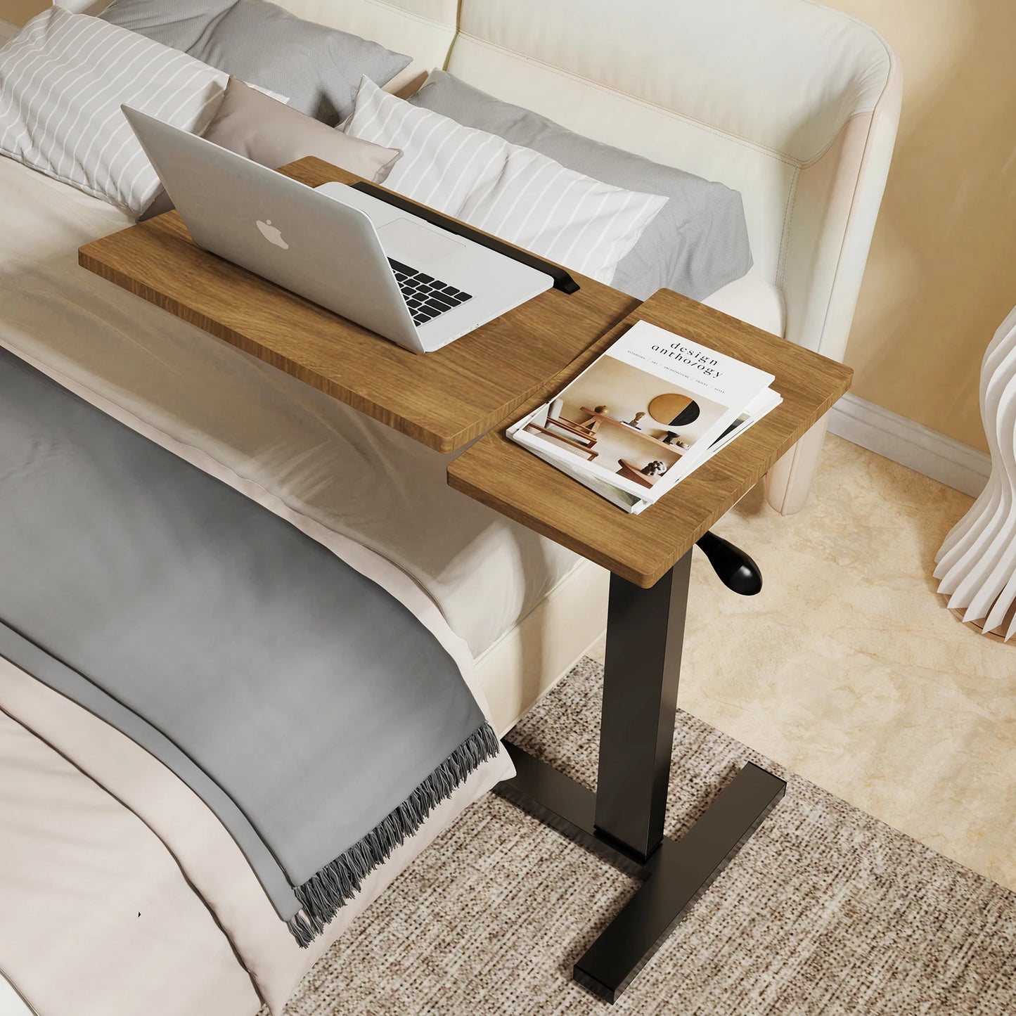 Adjustable Overbed Table With Wheels Split Top Tilting Bedside Tray