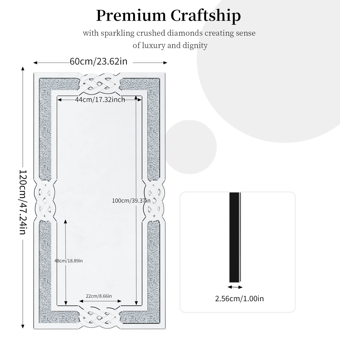 Wisfor Rectangular Crystal Diamond Wall Mirror For Living Room