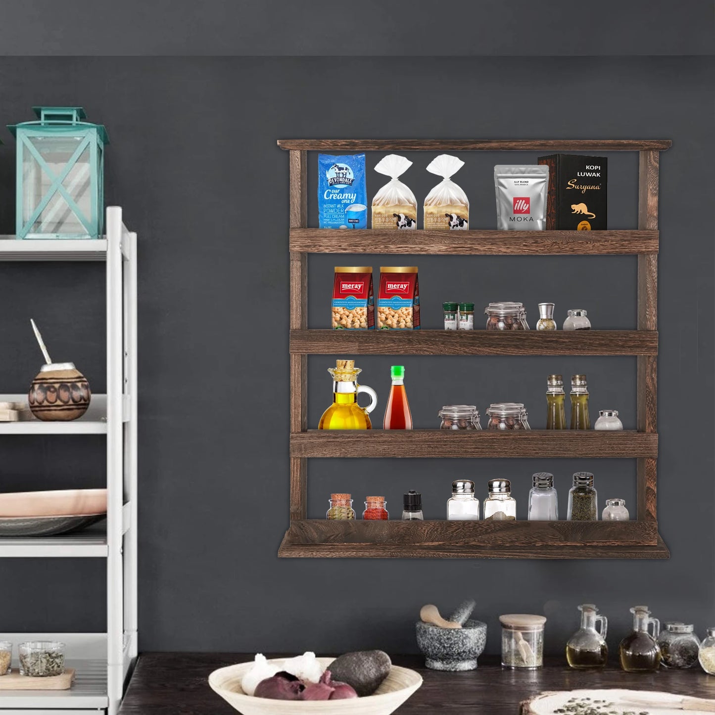 Wood Spice Rack Wall Mount 4-Tier Organizer For Seasonings