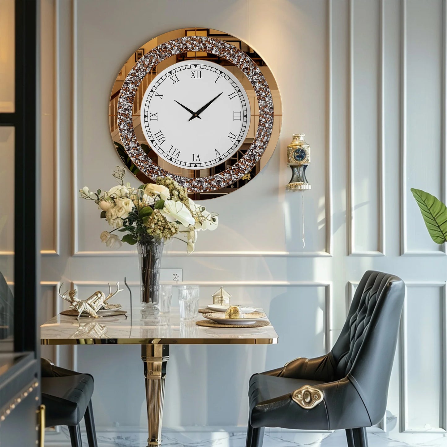 Round 24 Inch Silver Tawny Mirror Clock For Living Room
