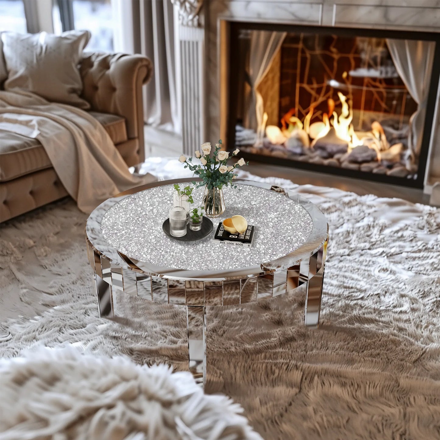Mirrored Coffee Table With Crystal Inlay Modern Round Glass Table
