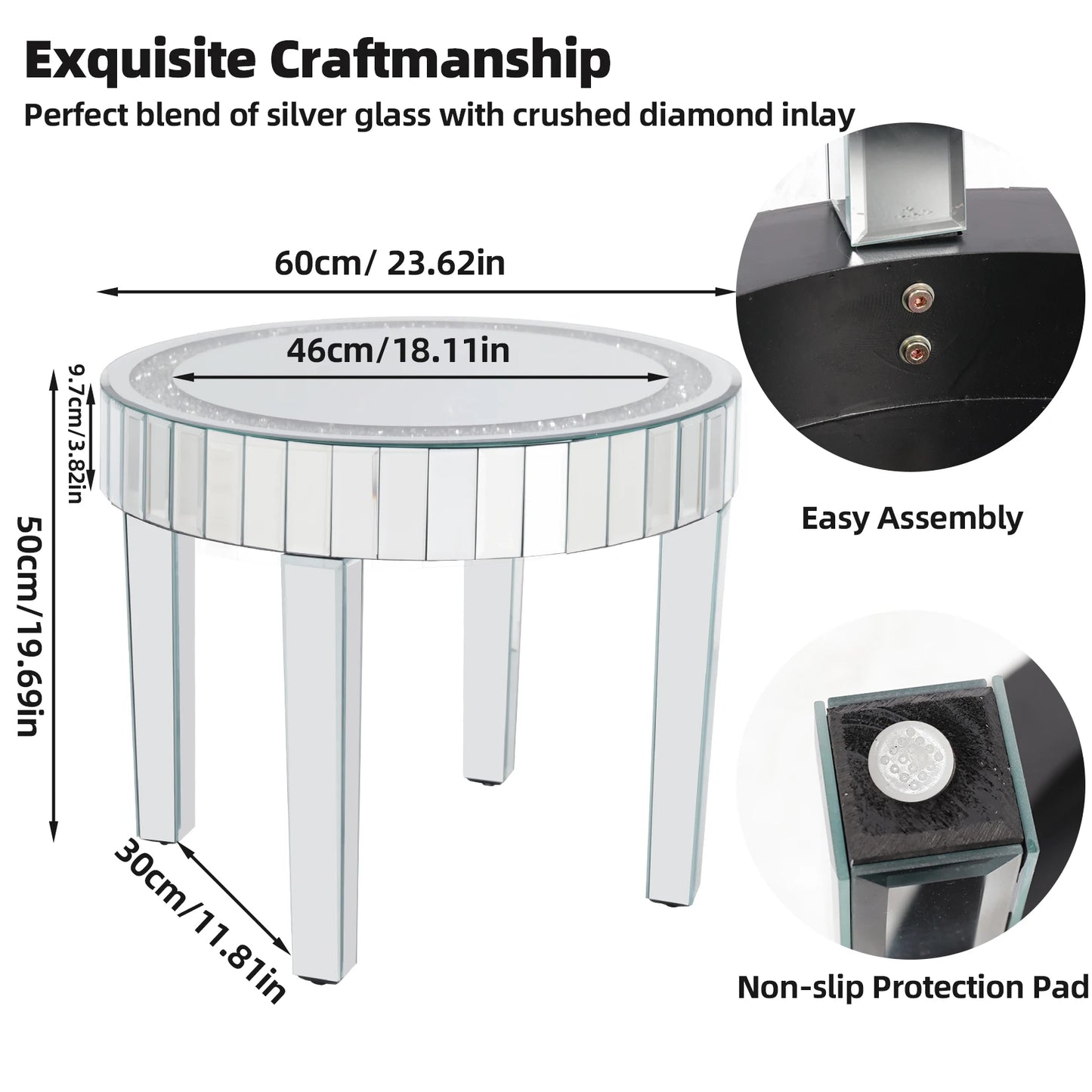 Round Mirrored Accent Table Silver Mirror Glass Tabletop with Bling Crushed Diamond Edge Frame and Crystal Mirror Legs