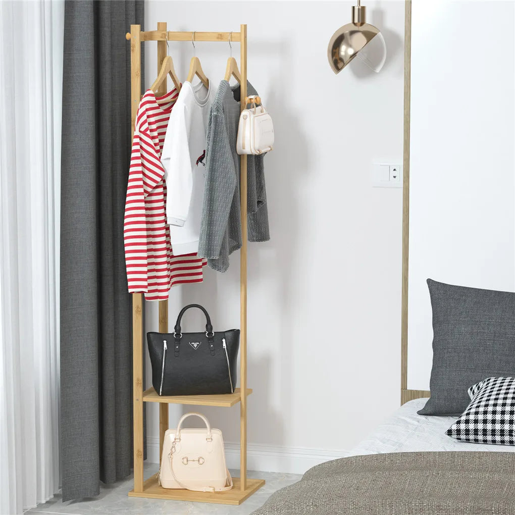 BINGOPAW Bamboo Garment Rack With 2 Tier Storage Shelves
