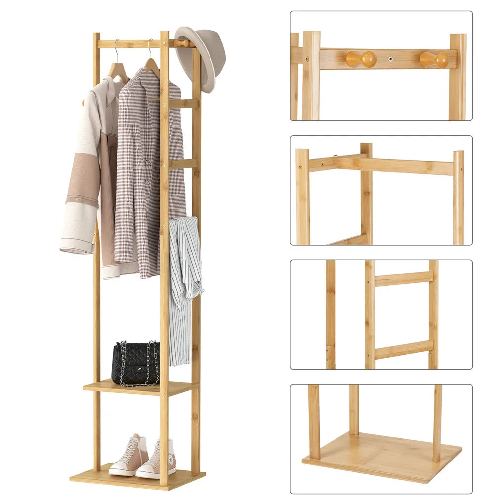 BINGOPAW Bamboo Garment Rack With 2 Tier Storage Shelves