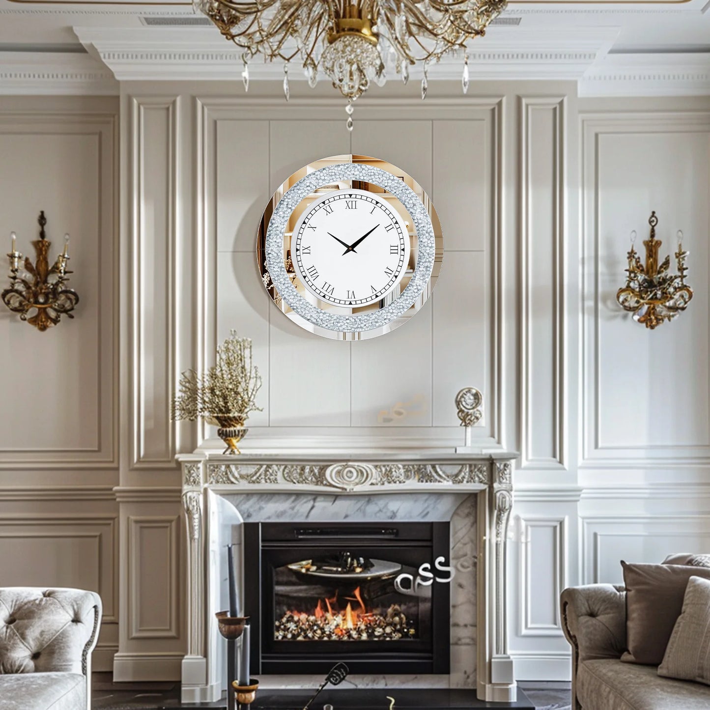 Round 24 Inch Silver Tawny Mirror Clock For Living Room