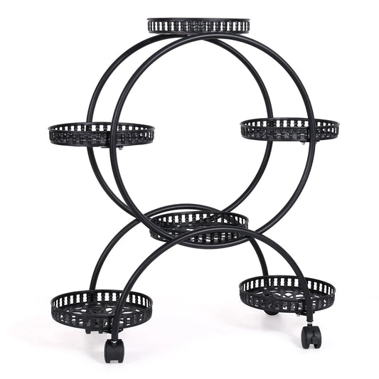unho 6 Potted Metal Plant Stand Garden Cart Wrought Iron Flower Pots Rack Holder Display Shelf with Wheels for Patio Porch